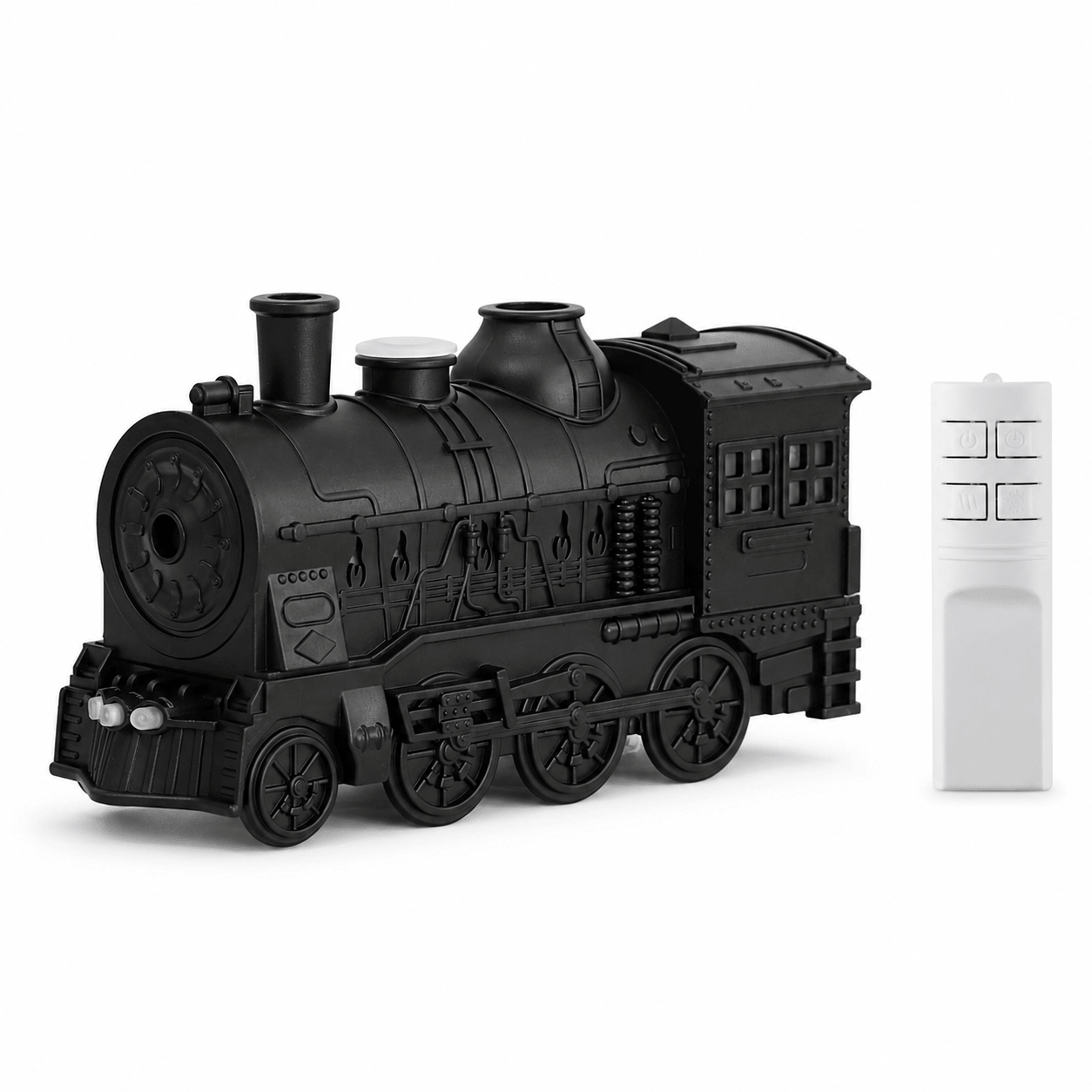 Matte black train aroma diffuser with remote on a white background