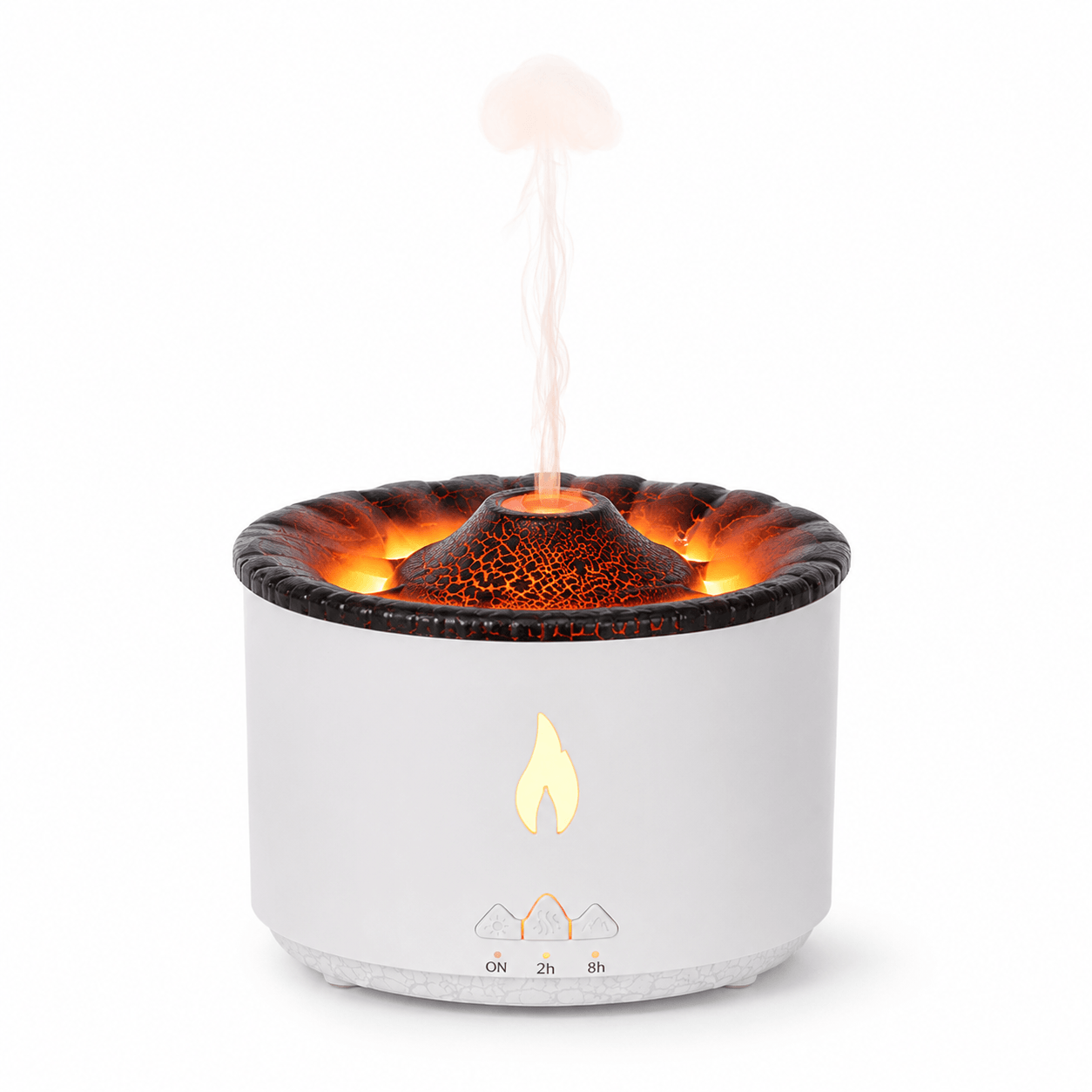 White volcano aroma diffuser with glowing lava wave top, flame icon, timer buttons, and soft mist.