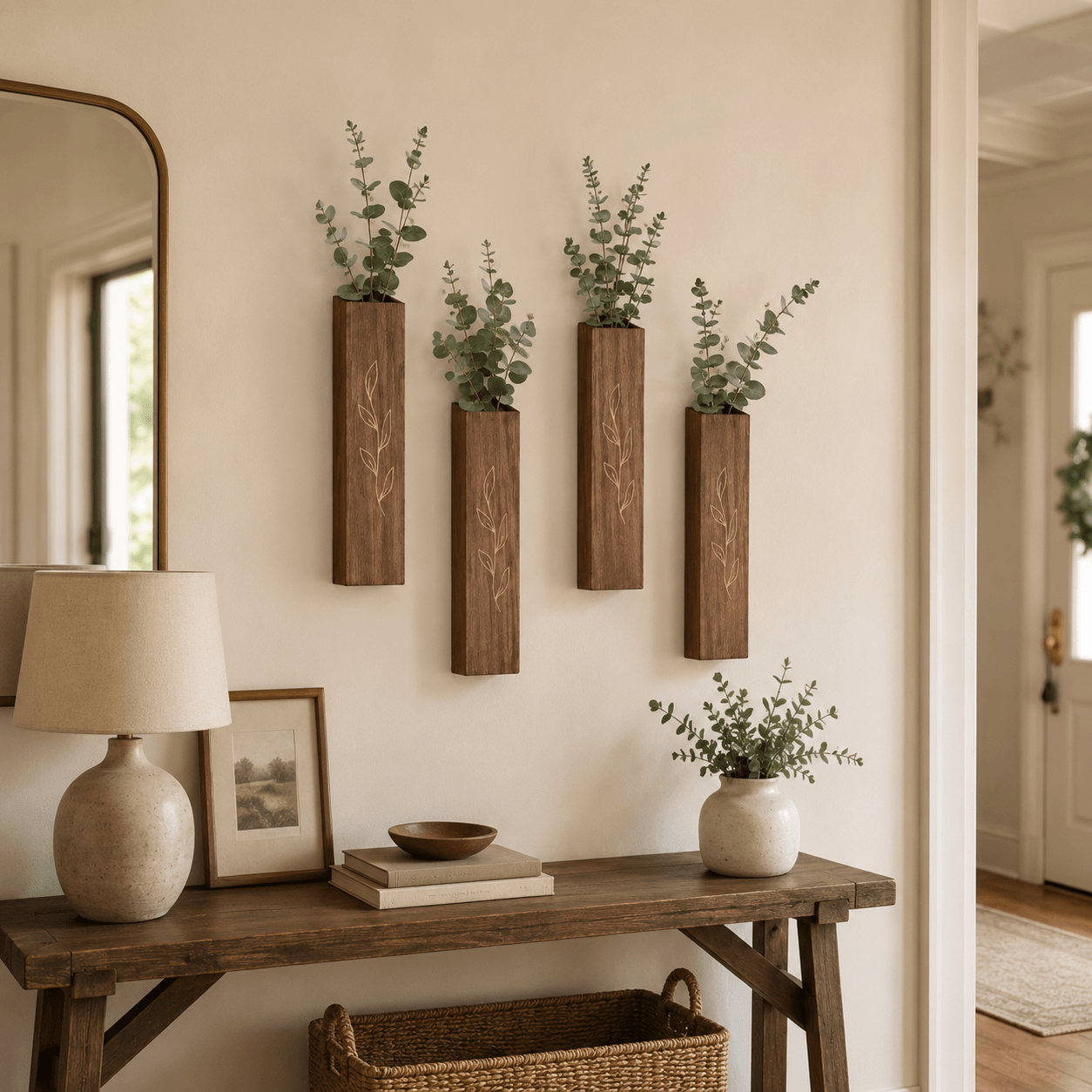 Wooden wall pocket vase set styled with eucalyptus above an entryway table in a cozy home setting.