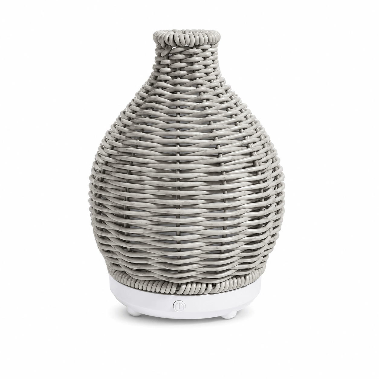Grey boho aroma diffuser with woven texture on a white background.