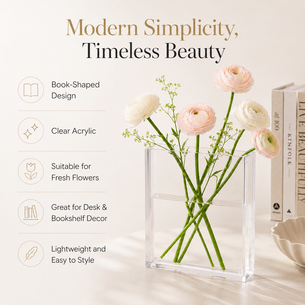 Feature guide for the clear acrylic book vase with floral styling and key product highlights.