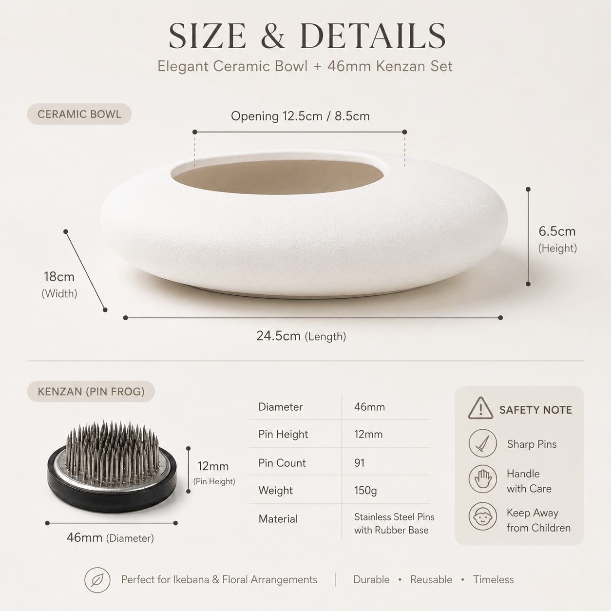 Size and details guide for the ceramic flower bowl and 46 mm kenzan set.