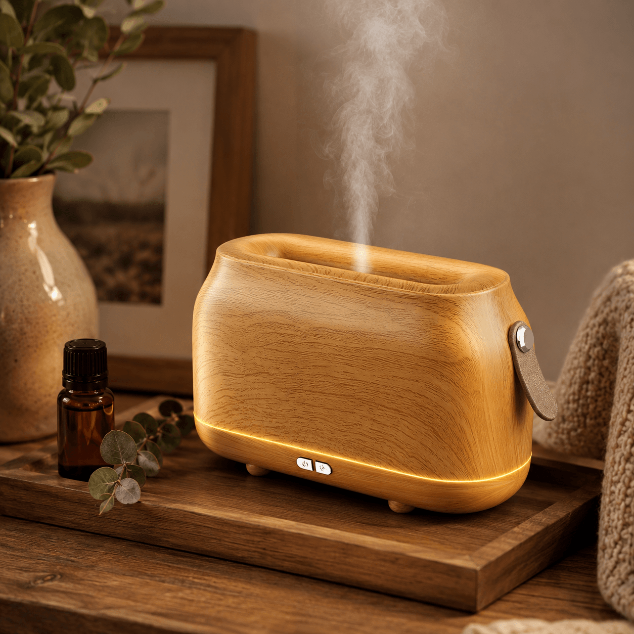 Wood grain flame aroma diffuser with soft mist beside an essential oil bottle.