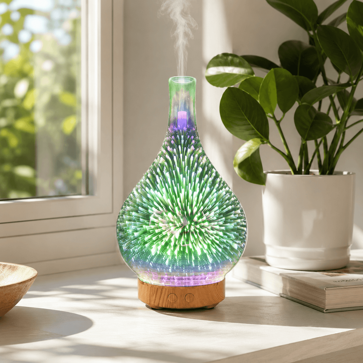 Blue and green glass firework aroma diffusers styled together near a bright window