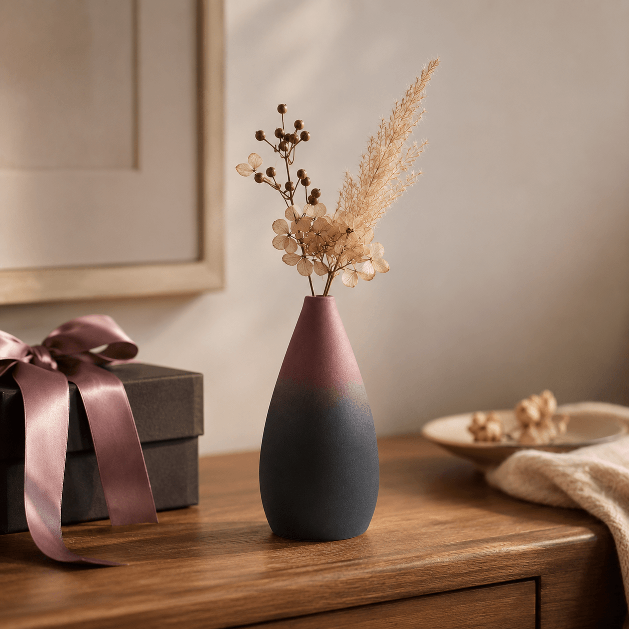 Mauve and charcoal ceramic vase with dried flowers on a wooden table