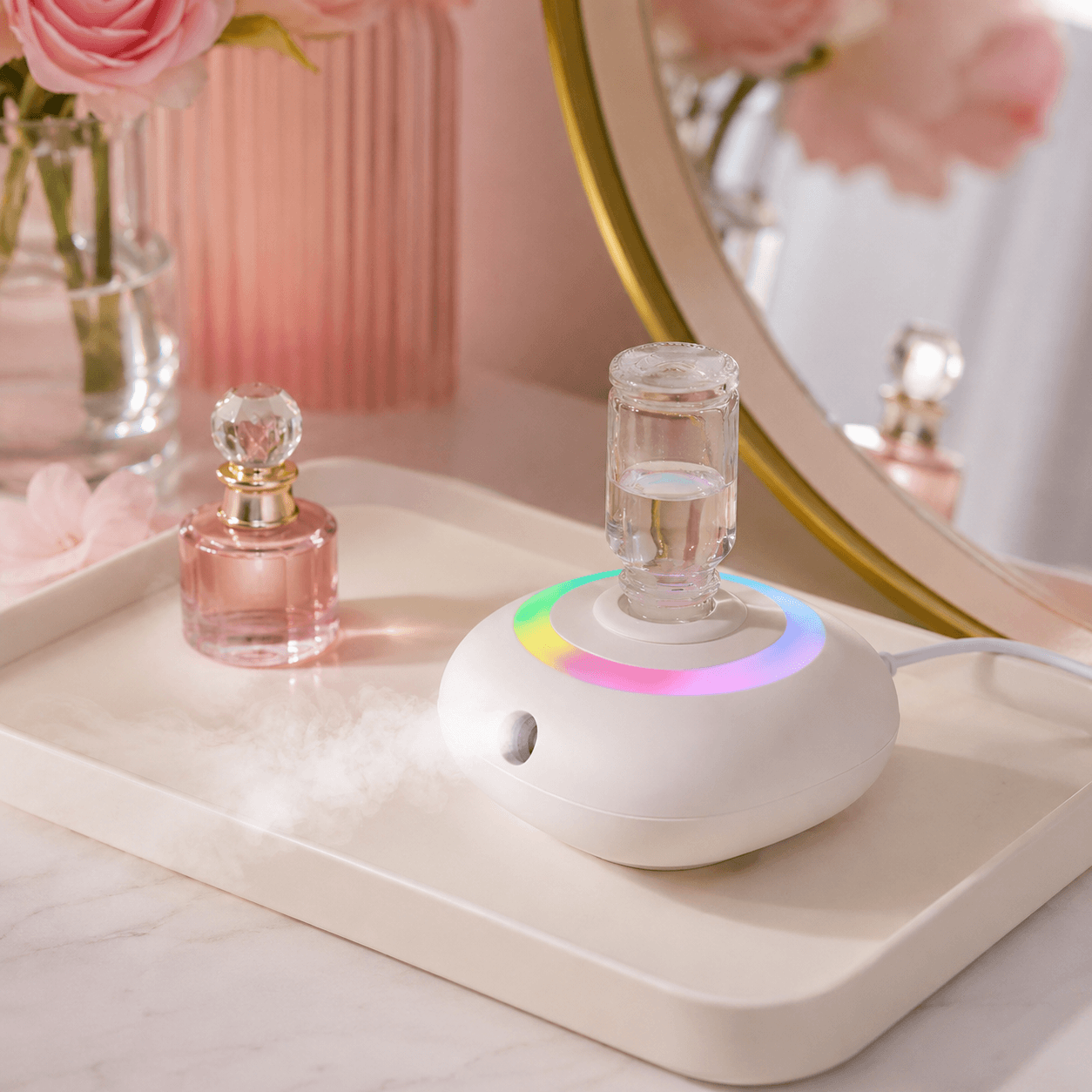Rainbow diffuser on a bedside desk with warm lighting and soft mist