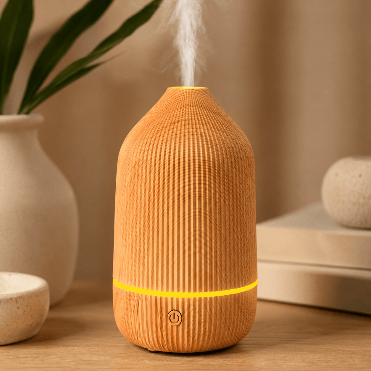Wood grain ribbed aroma diffuser on a wooden table in warm natural light