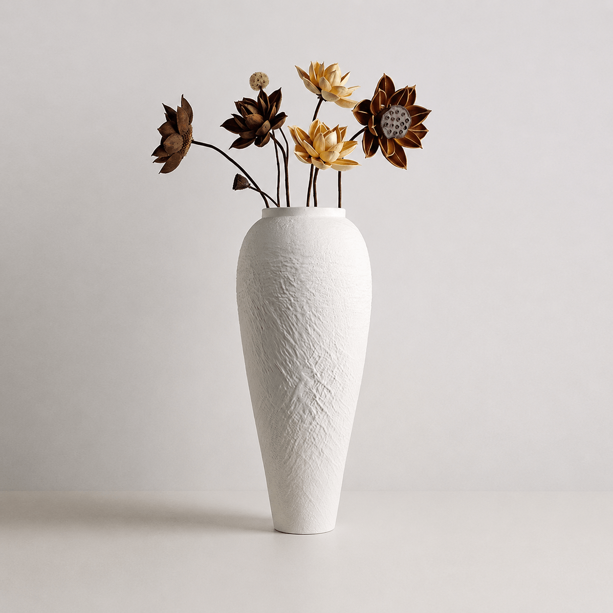 Tall white textured vase with dried flowers for modern home decor