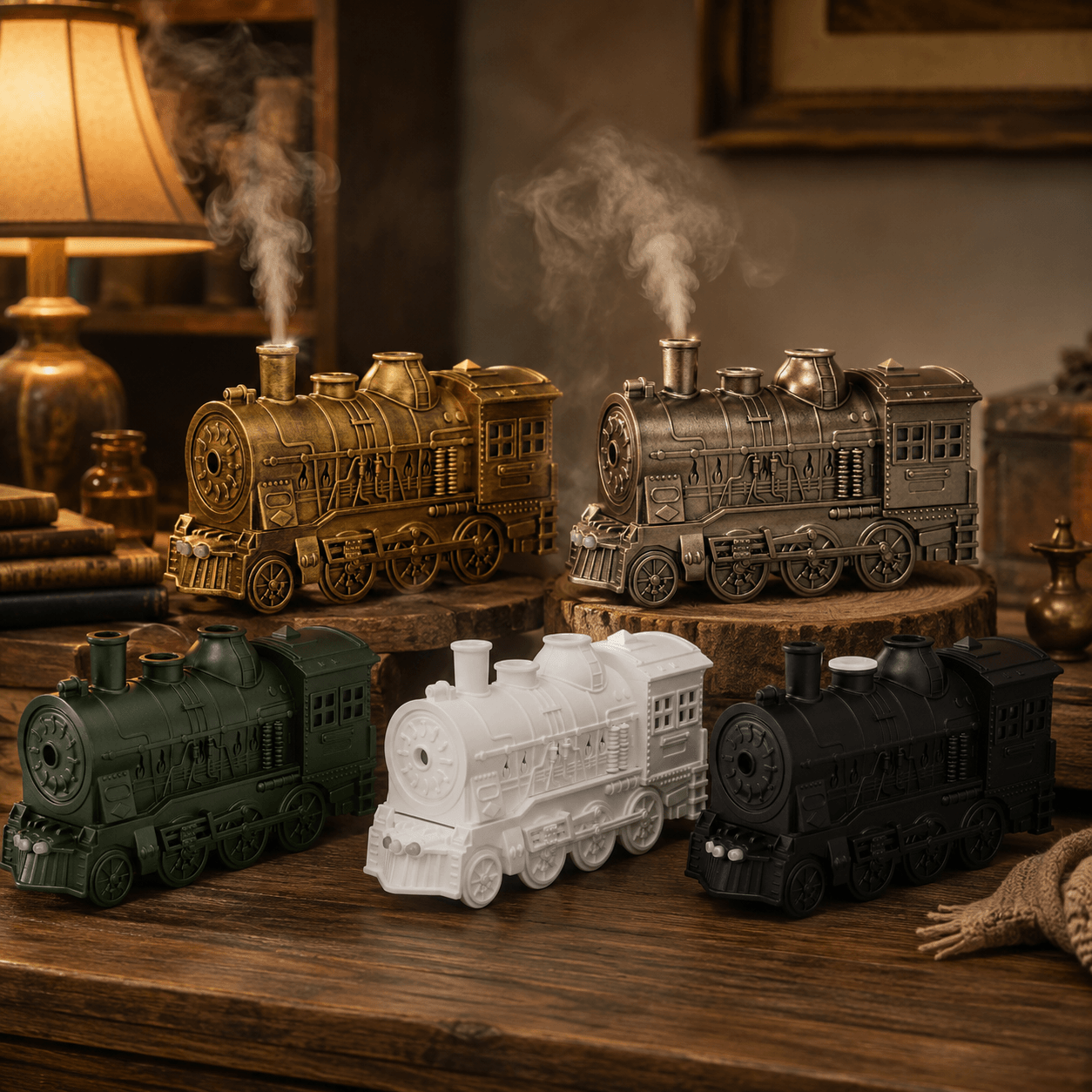 Train aroma diffuser color collection styled in a warm nostalgic home setting