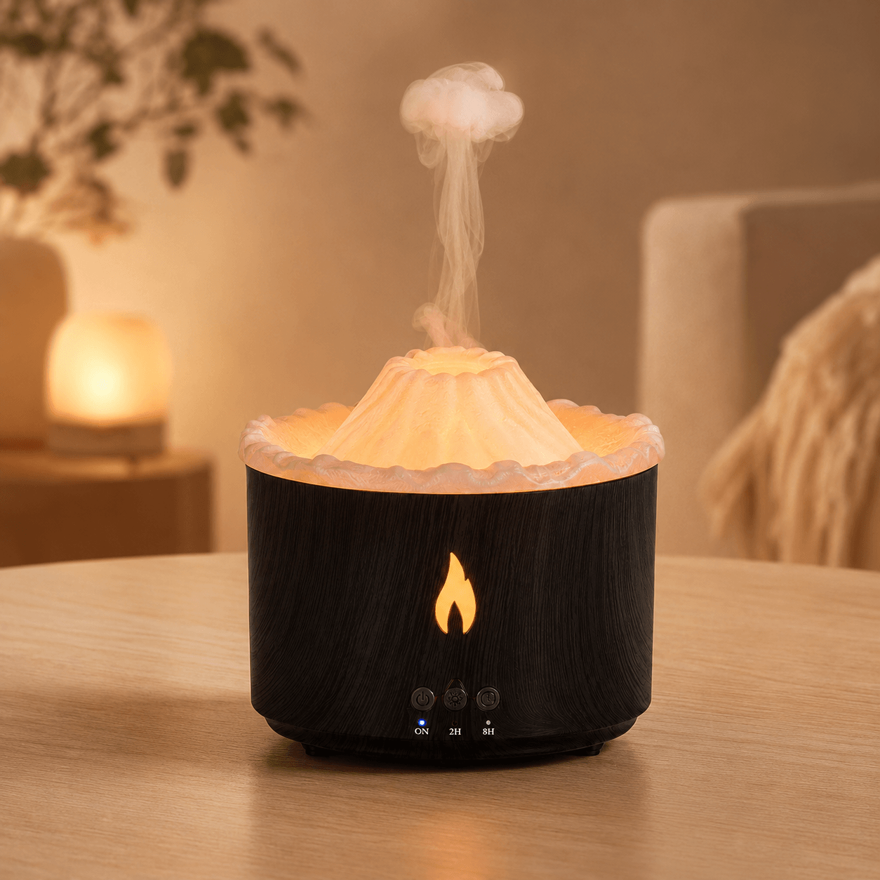 Black wood grain volcano aroma diffuser glowing on a cozy wood table with soft mist.
