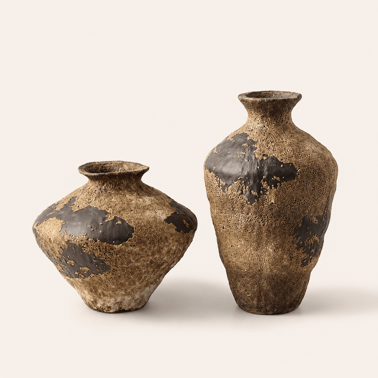 Wabi-sabi ceramic vase set with low rounded small vase and medium tall vase