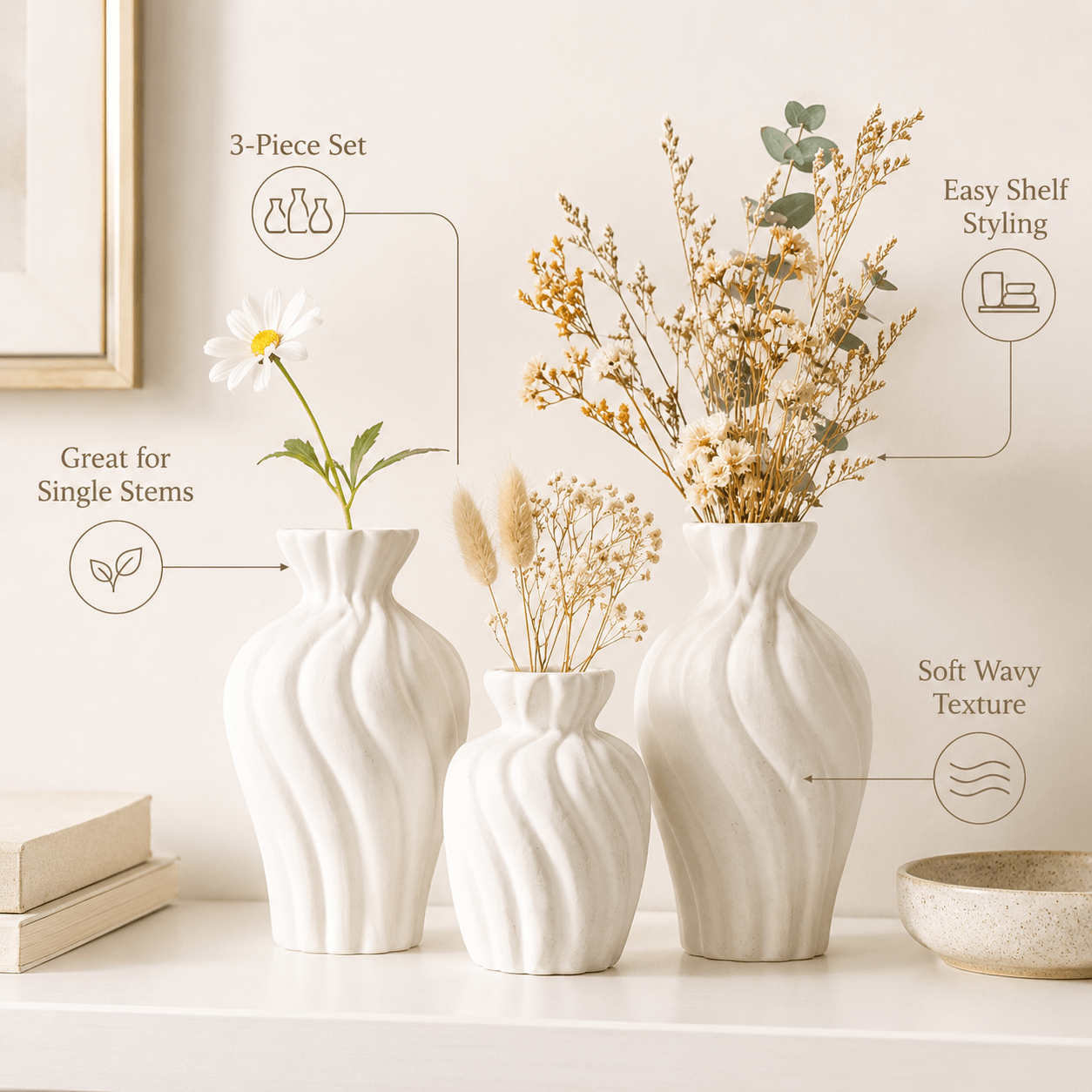Feature guide for the white wavy 3-piece ceramic bud vase set, great for single stems and shelf styling.