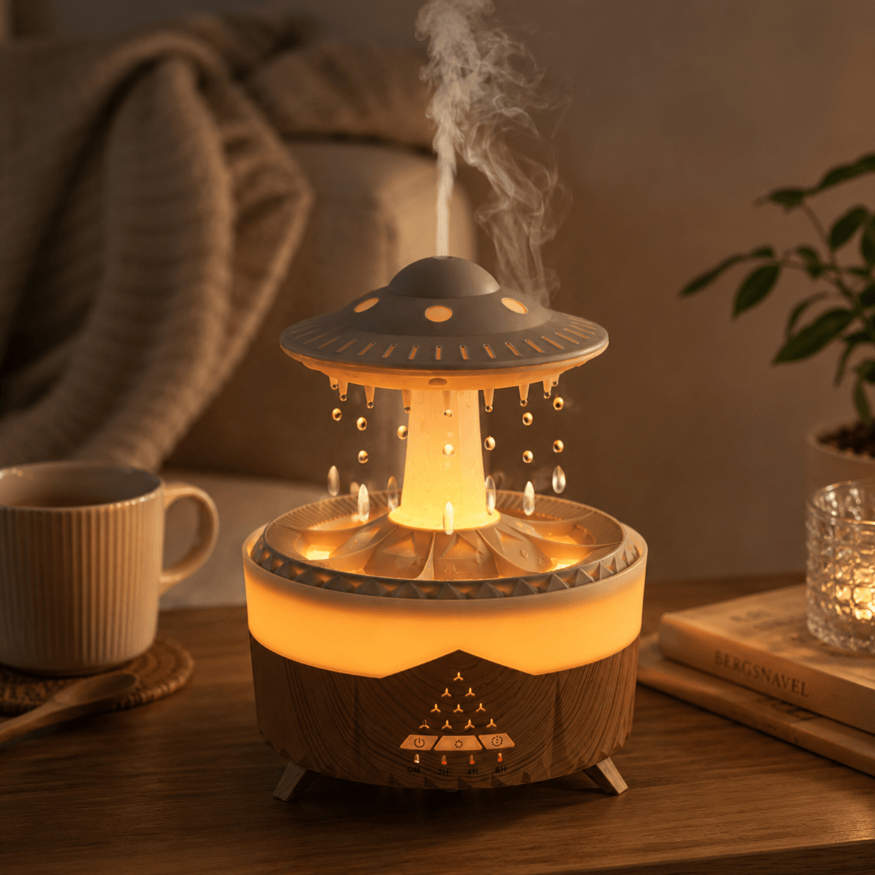 Wood grain raindrop diffuser in a cozy reading corner with a mug and book