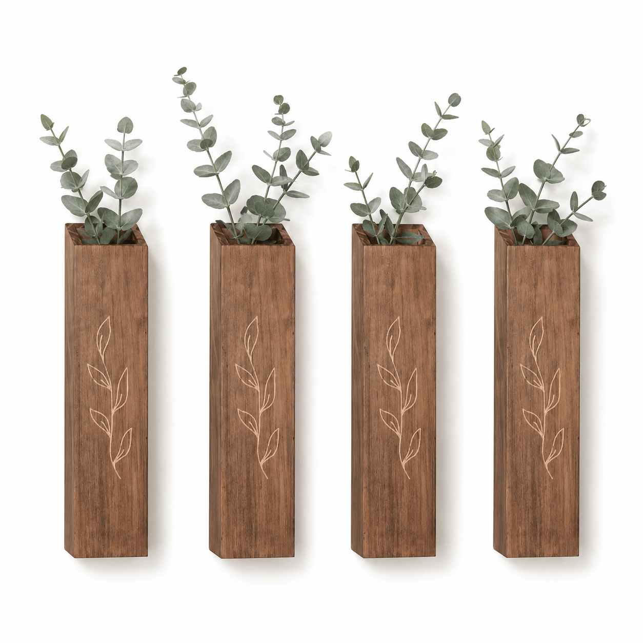 4-piece wooden wall pocket vase set with eucalyptus stems on a clean white background.