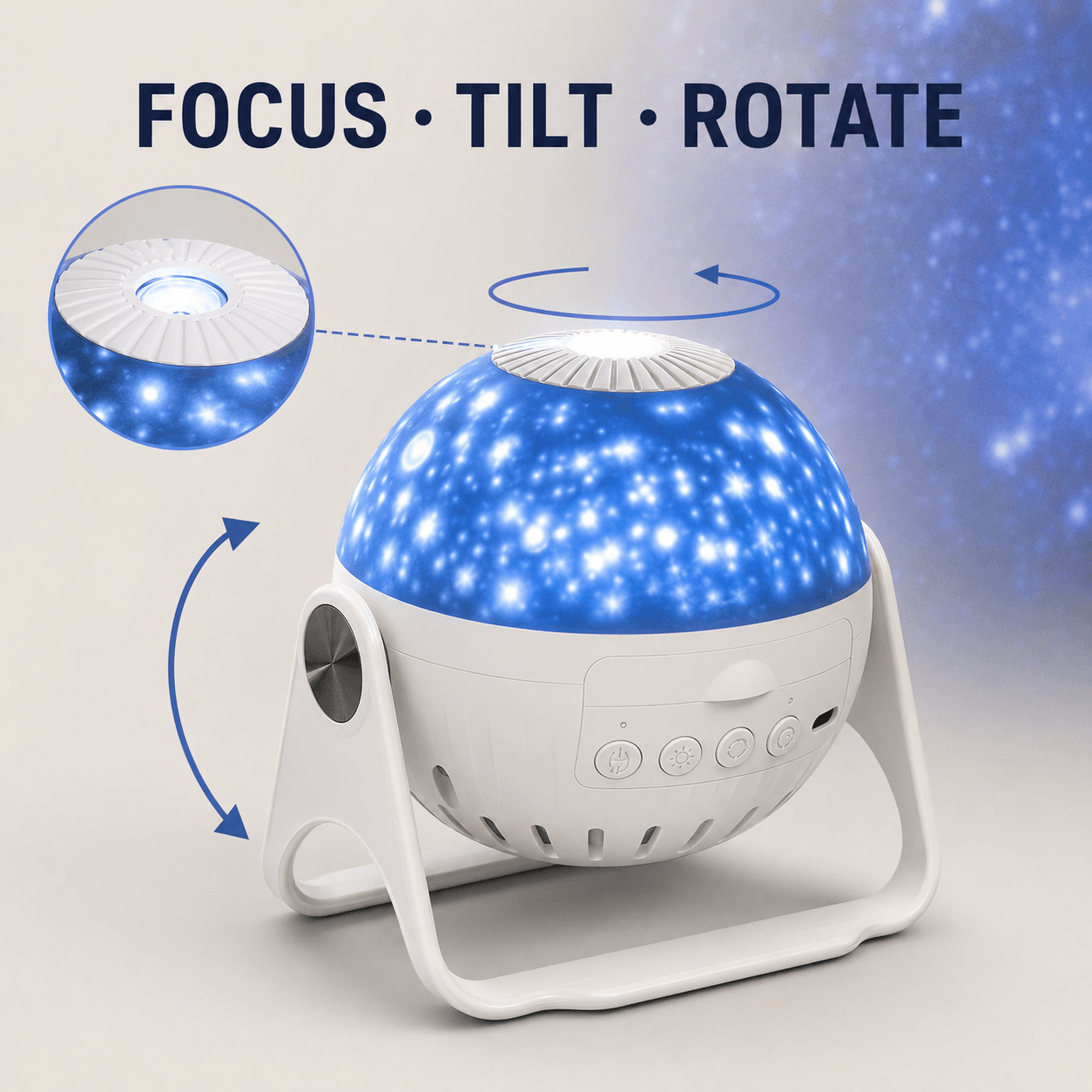 Galaxy projector showing adjustable focus, tilting stand and rotating projection controls