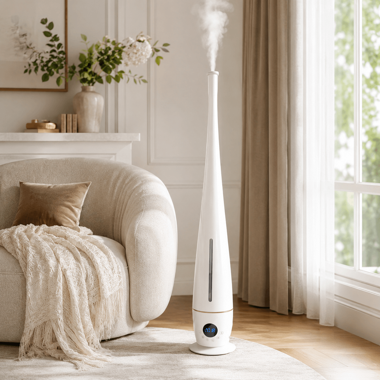 Tall floor-standing cool mist humidifier used in a bright living room with soft mist output.