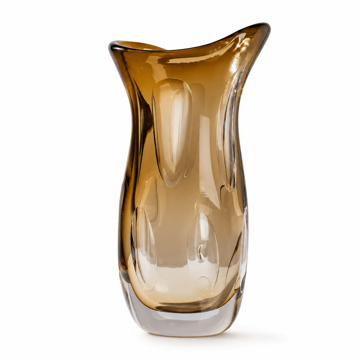Amber sculptural art glass vase on a white background with inner petal details