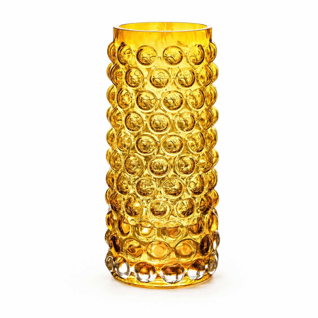 Amber tall bubble glass vase with raised circular texture on a clean white background