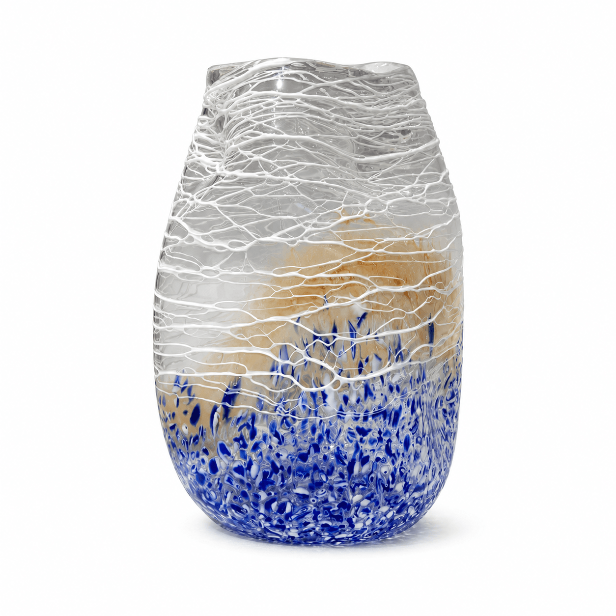 Blue purple textured art glass vase on a white background