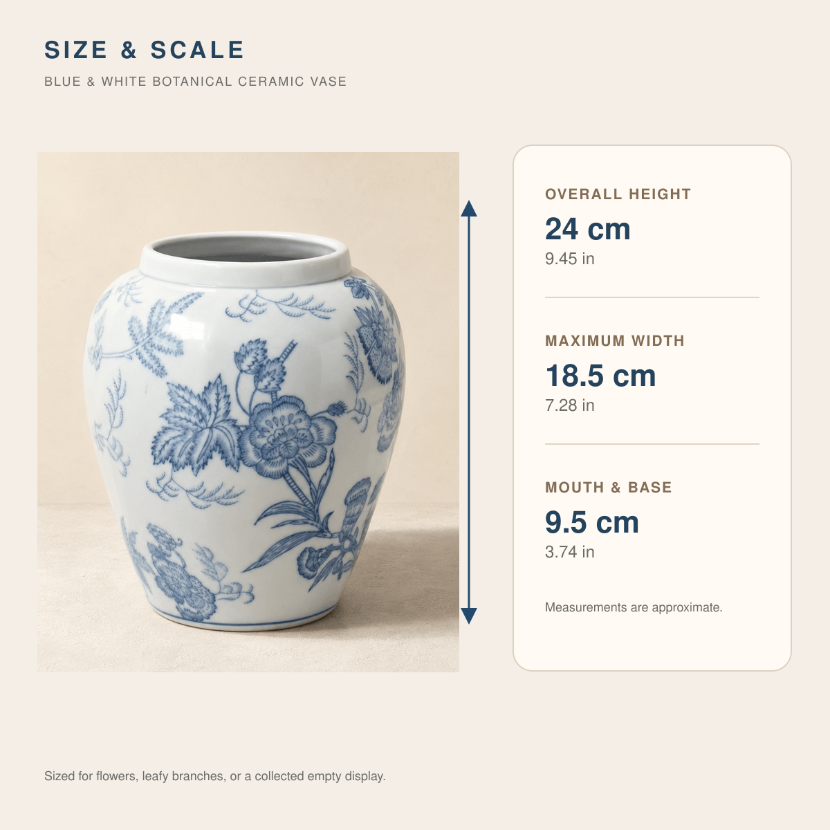 Blue and white ceramic vase size guide showing 24 cm height and 18.5 cm maximum width