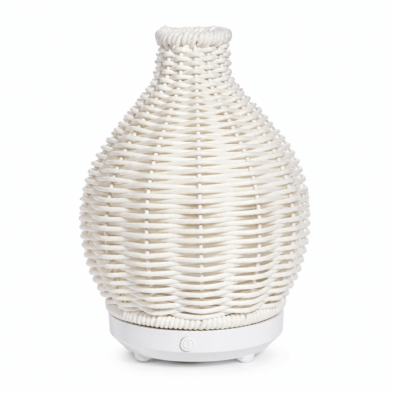 White boho aroma diffuser with woven texture on a white background.