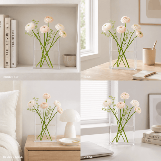 Styling ideas collage for a clear acrylic book vase in bookshelf, desk, bedside, and office spaces.