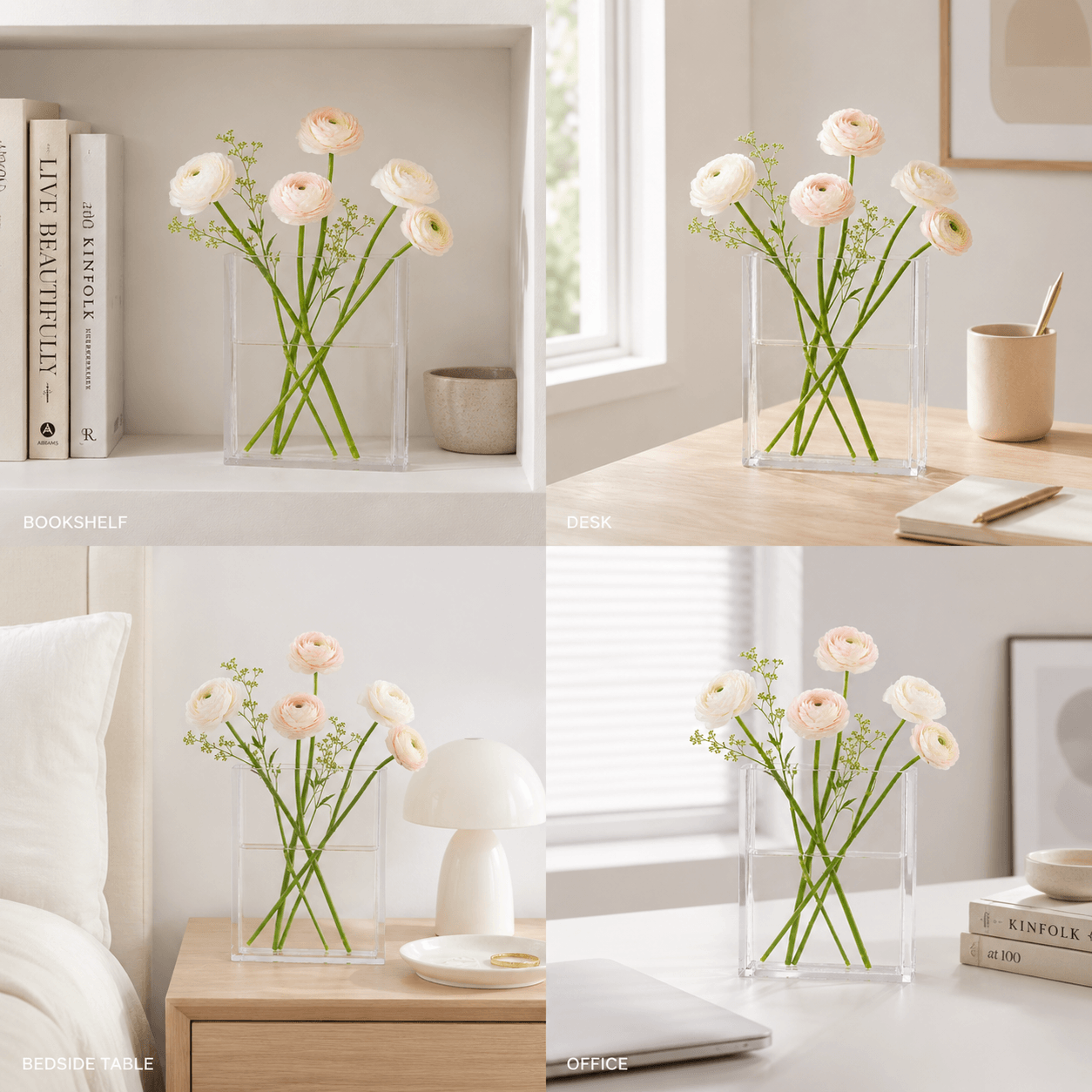 Styling ideas collage for a clear acrylic book vase in bookshelf, desk, bedside, and office spaces.