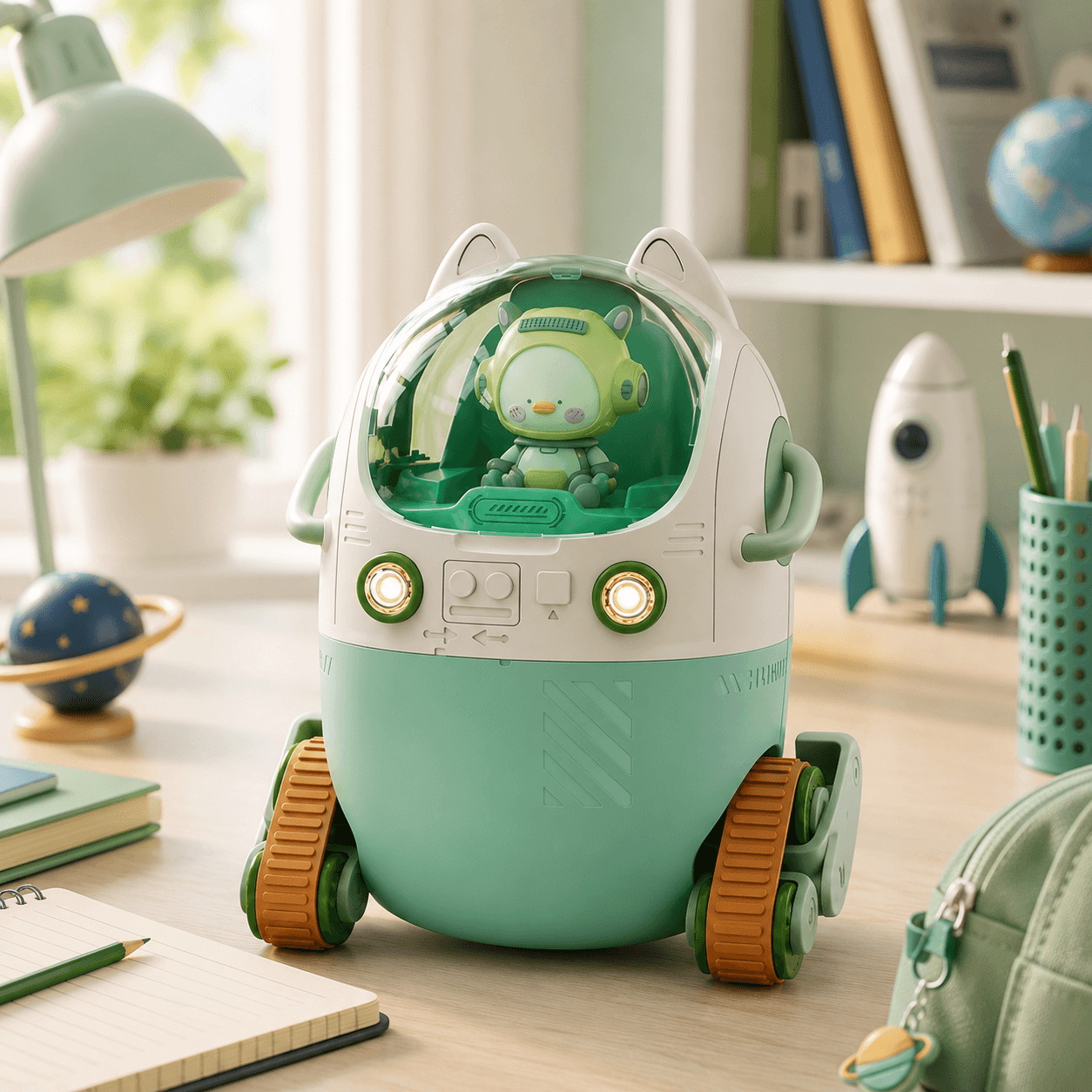 Green deluxe astronaut humidifier in a bright study room