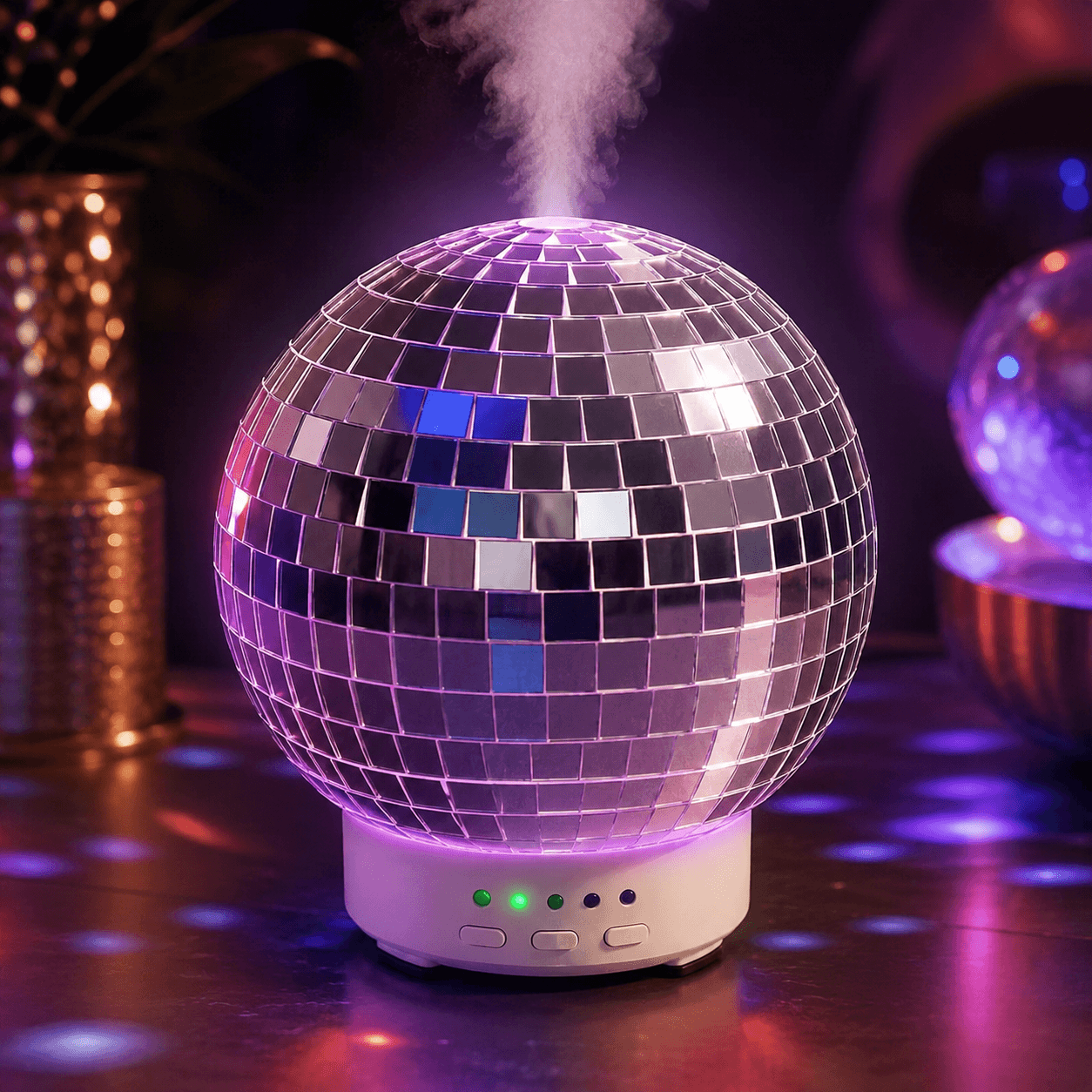 Purple disco ball humidifier with soft mist in a stylish ambient night scene