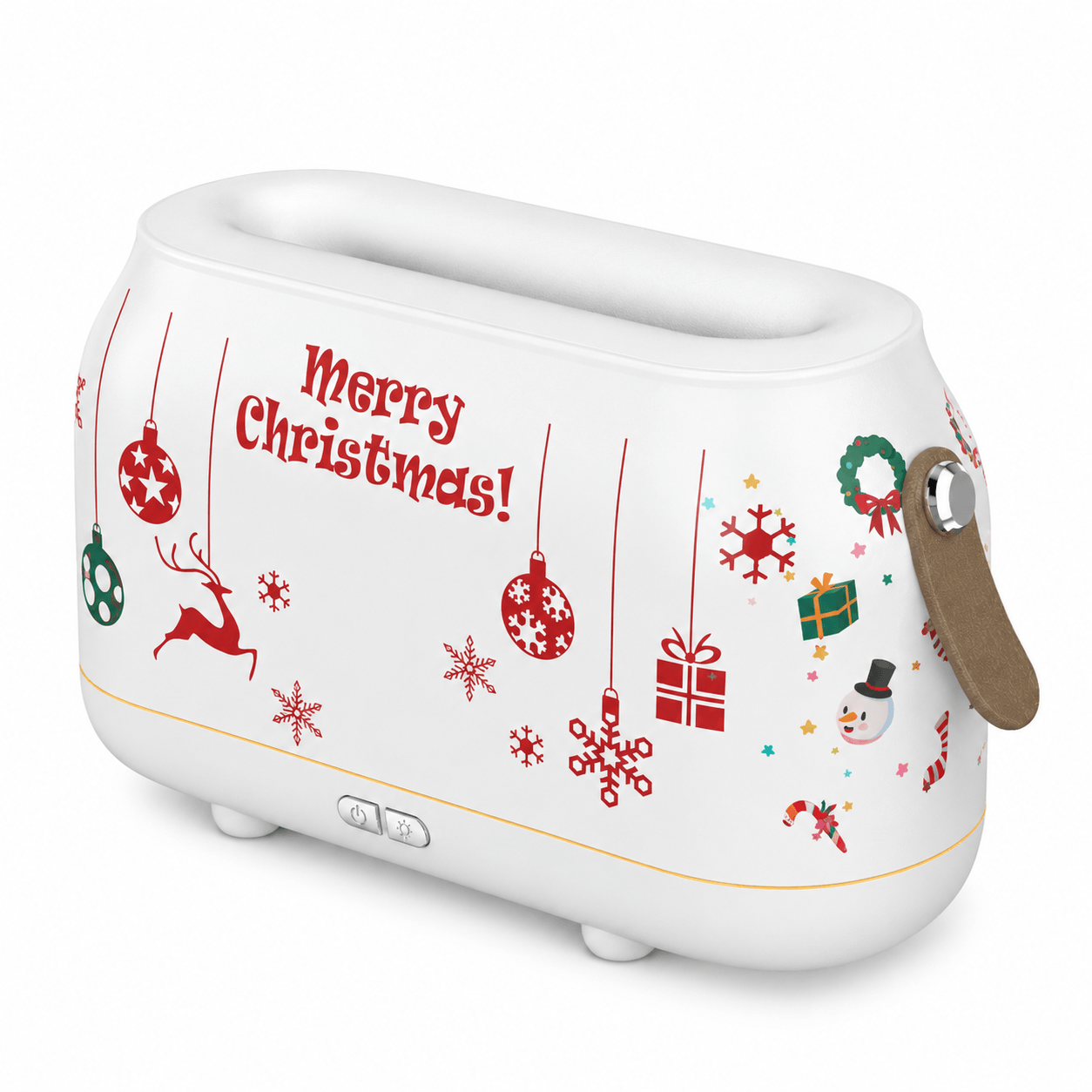 Christmas white flame aroma diffuser with festive holiday pattern on a white background.