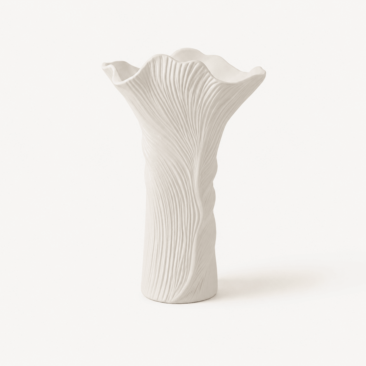 Flow Vase in White with tall ribbed ceramic body and flared wavy rim