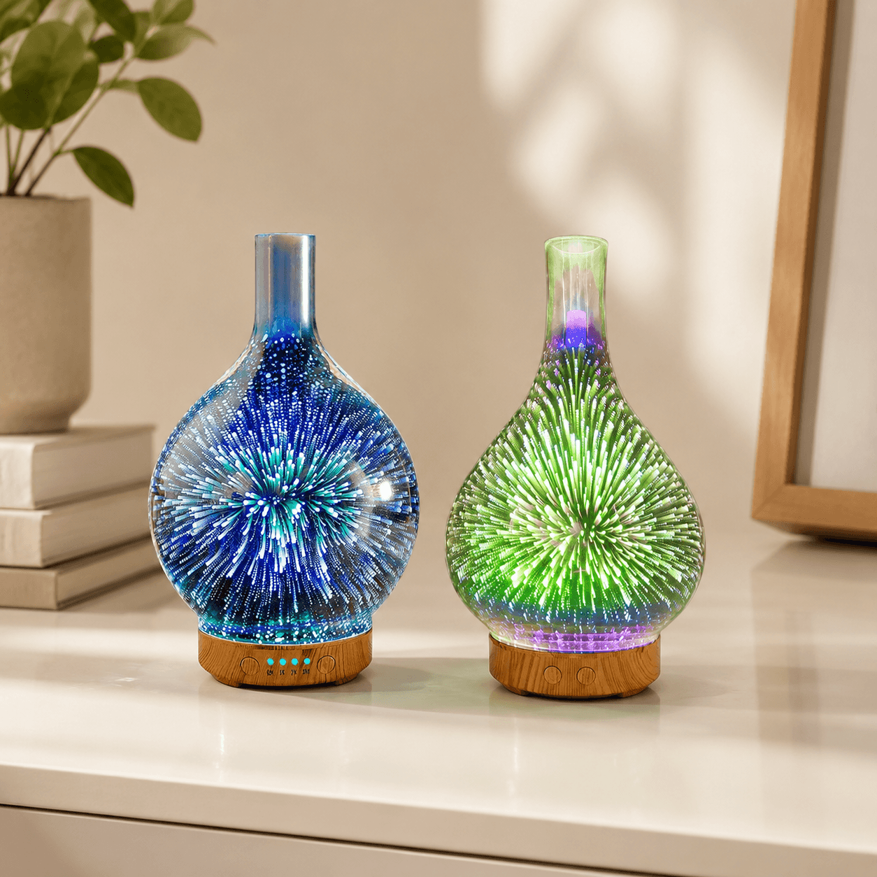 Blue and green glass firework aroma diffusers displayed together on a warm tabletop