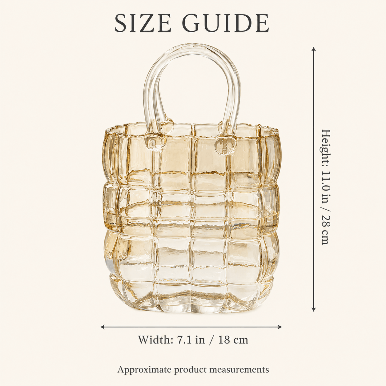 Glass handbag vase size guide showing 28 cm height and 18 cm width