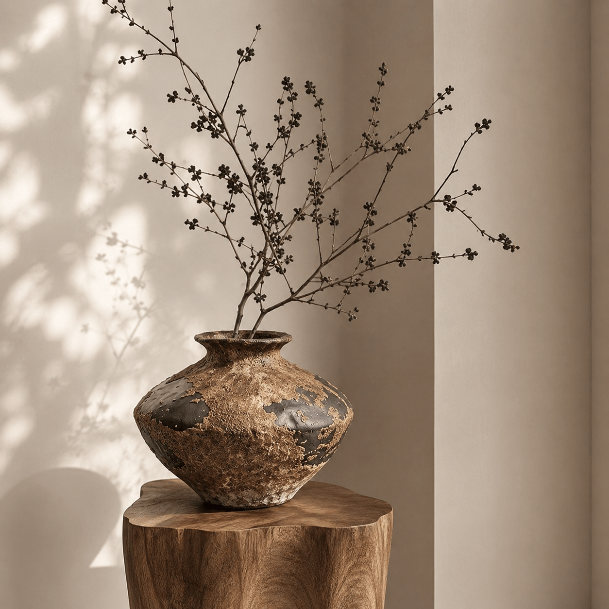 Low rounded wabi-sabi ceramic vase styled with branches on a wooden pedestal