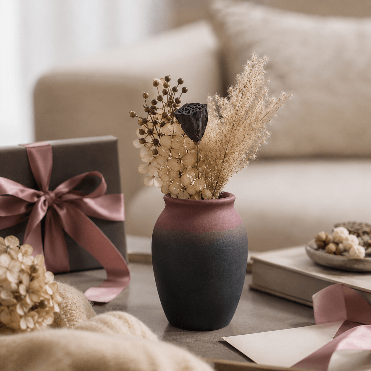 Rounded mauve and charcoal ceramic vase with dried flowers and gift decor
