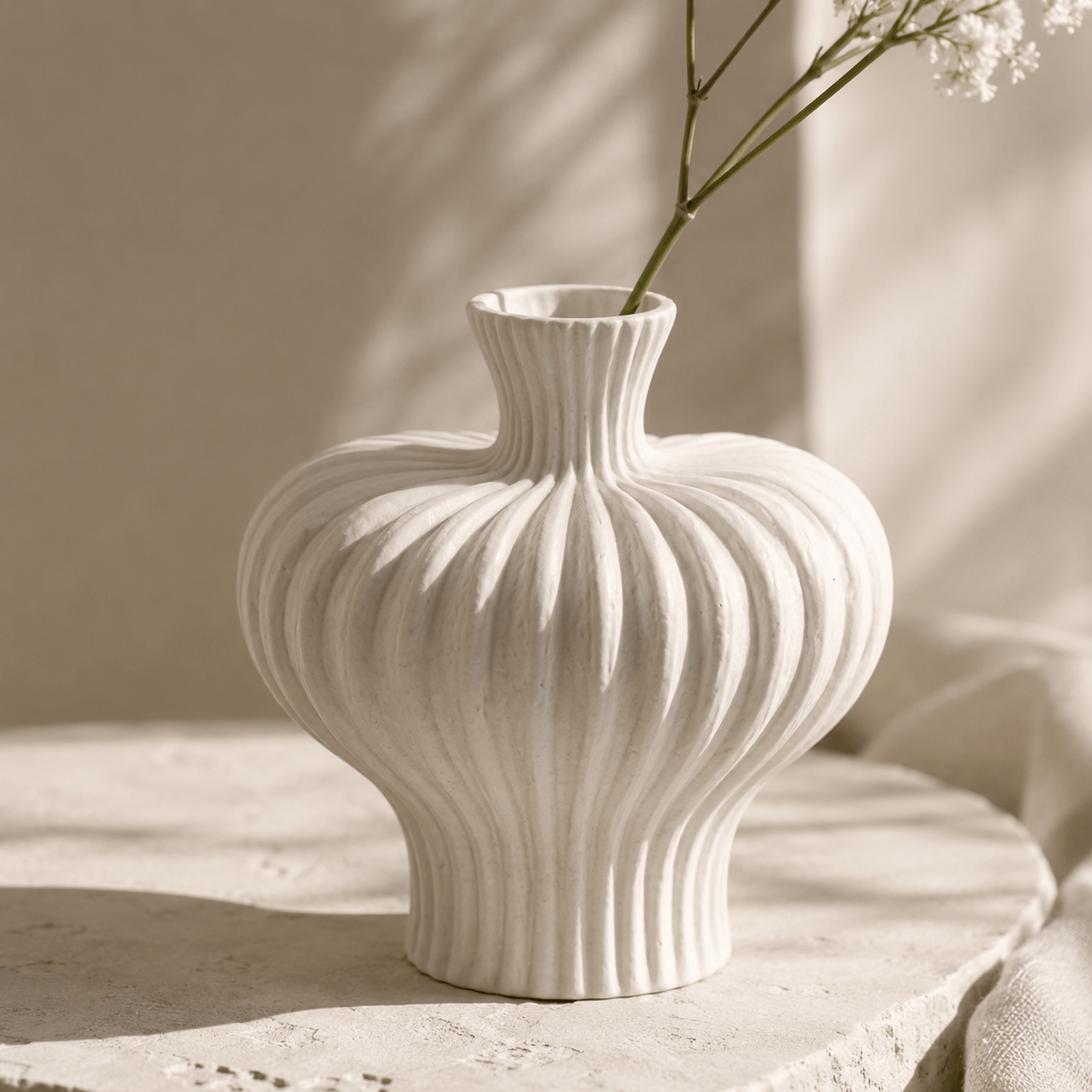 Soft White ribbed ceramic vase close-up showing ceramic texture and sculptural lines