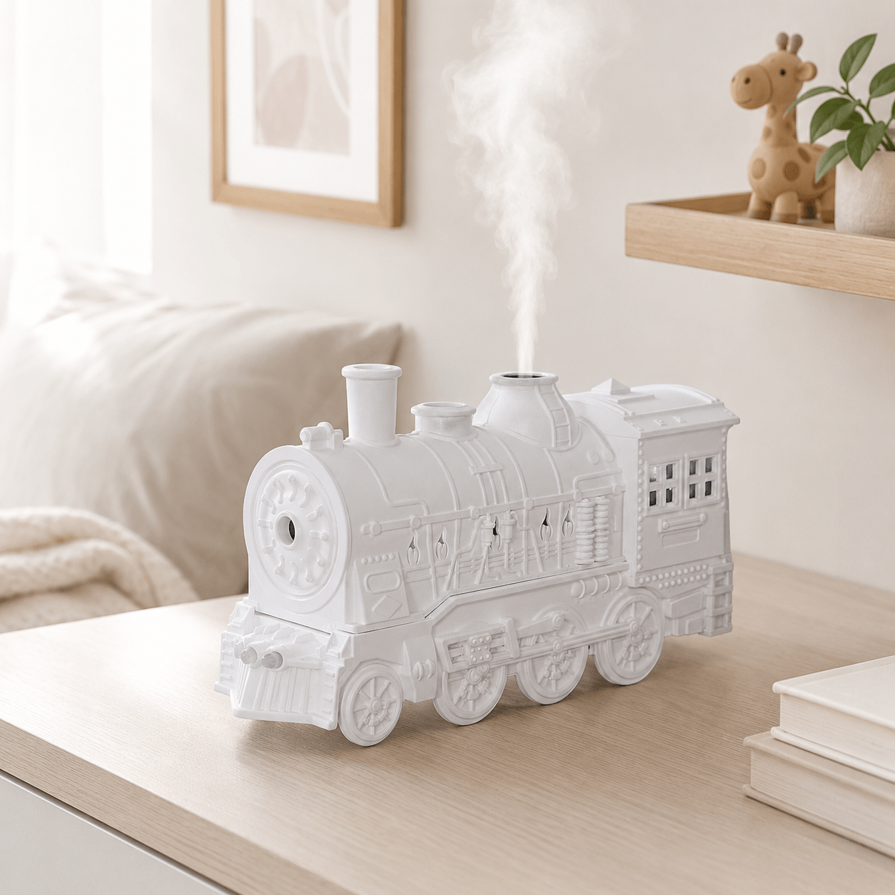 White train aroma diffuser in a bright and cozy home setting