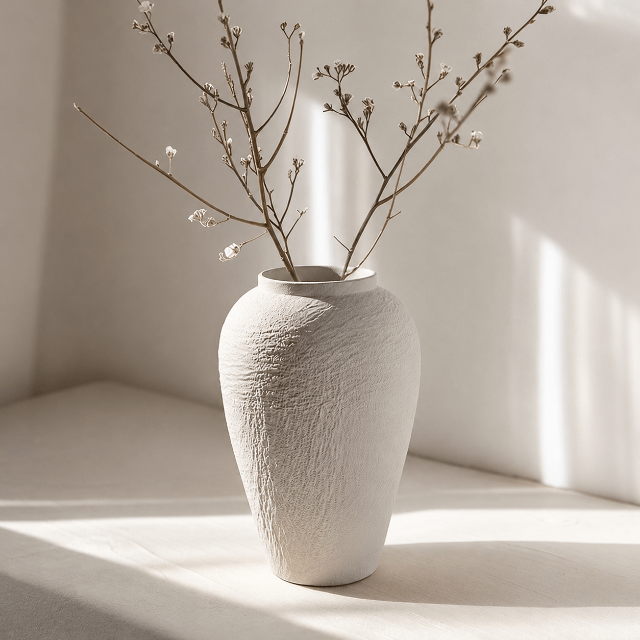 White textured vases styled with green branches on a wooden console