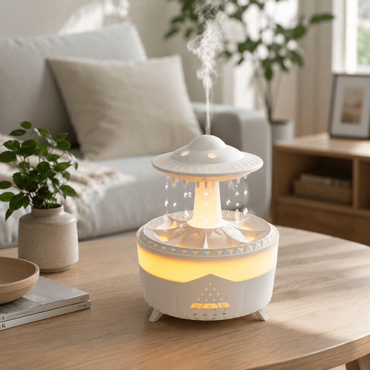 White UFO raindrop diffuser on a living room coffee table