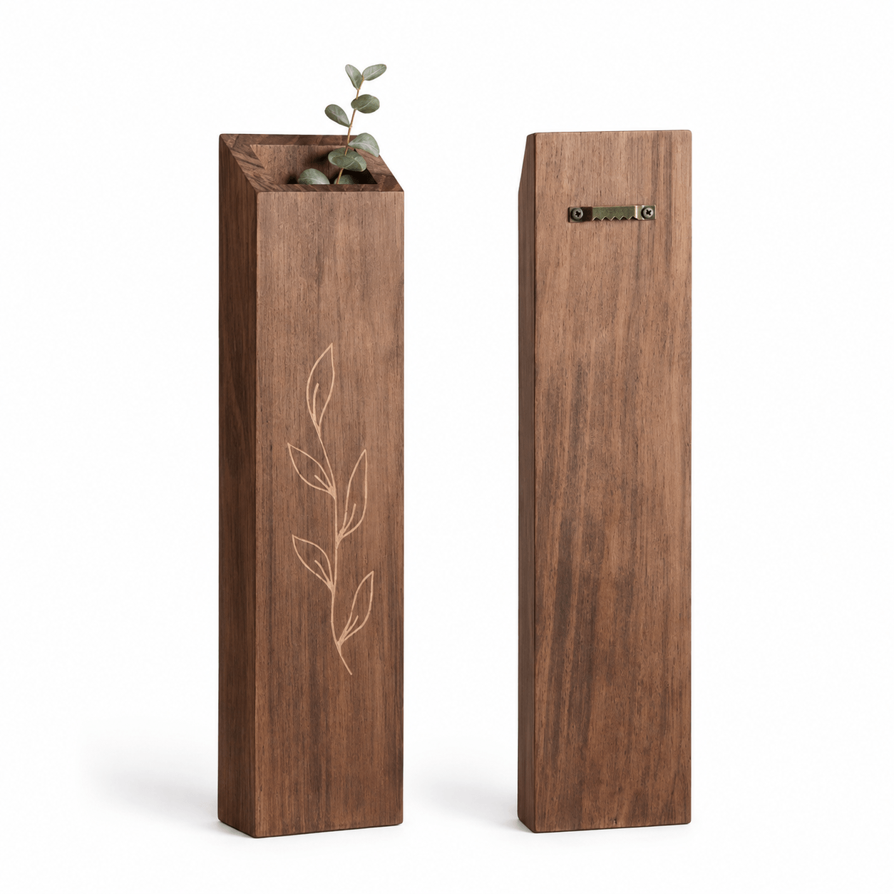 Front and back view of a single wooden wall pocket vase showing the hanging slot and wood finish.