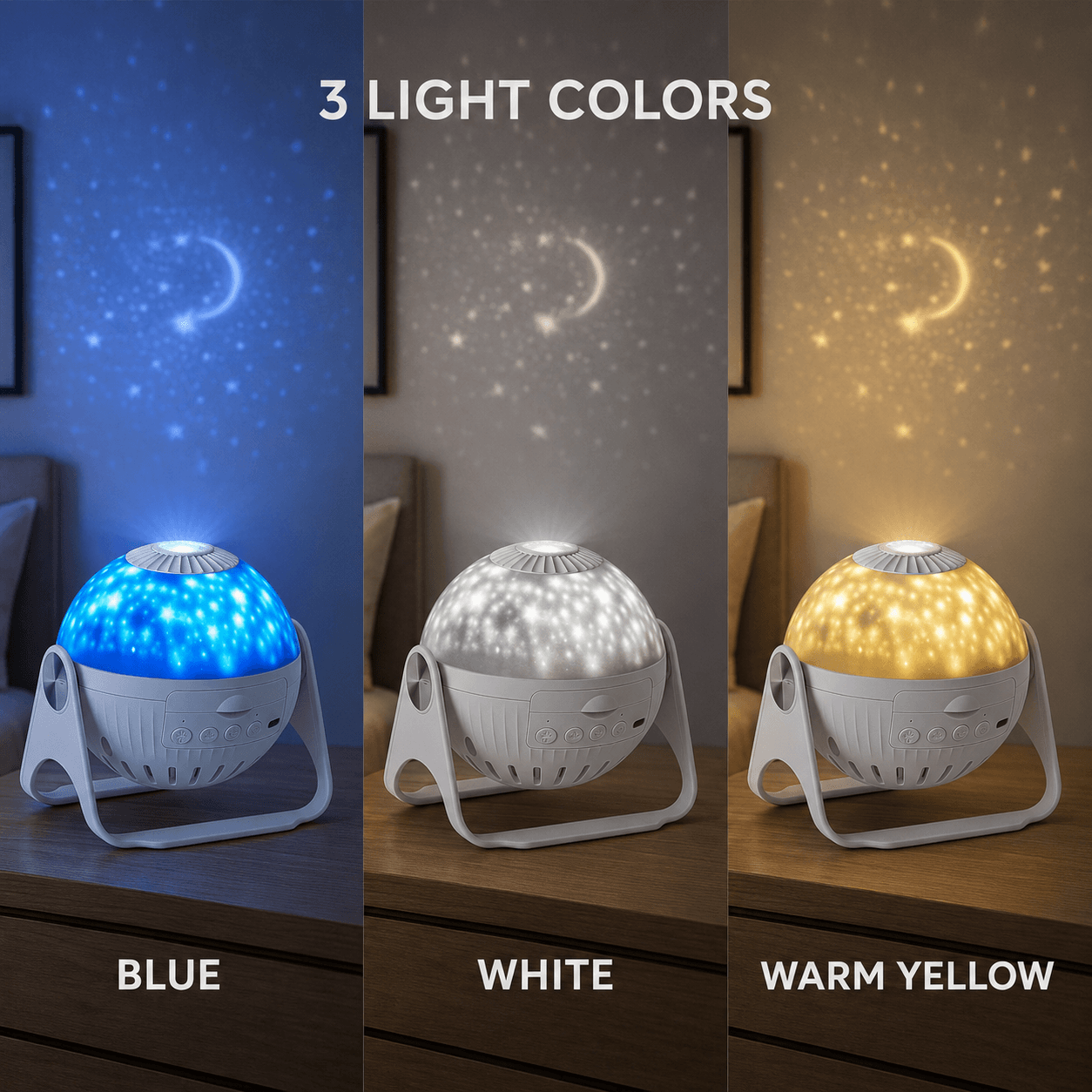 Galaxy projector compared in blue, white and warm yellow light settings