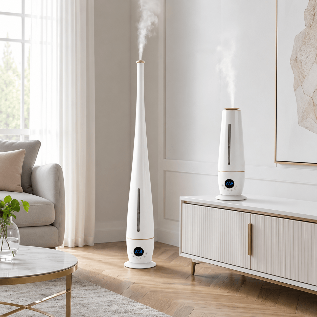 Floor and desktop humidifier modes shown together in a bright living room scene.