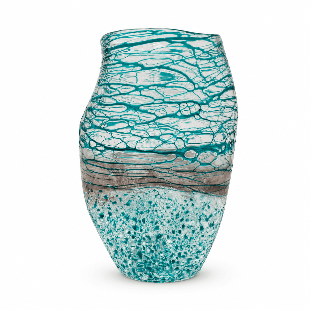 Blue green textured art glass vase on a white background