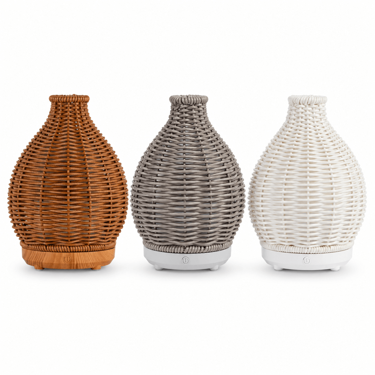 Boho aroma diffuser color options in natural wood, grey, and white.