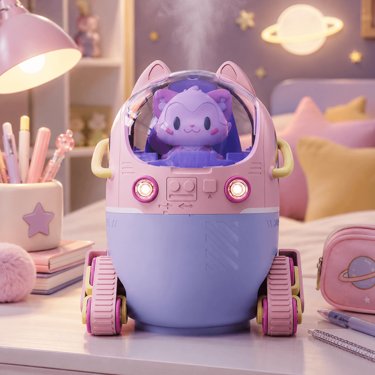 Pink deluxe astronaut humidifier in a cute pastel study room