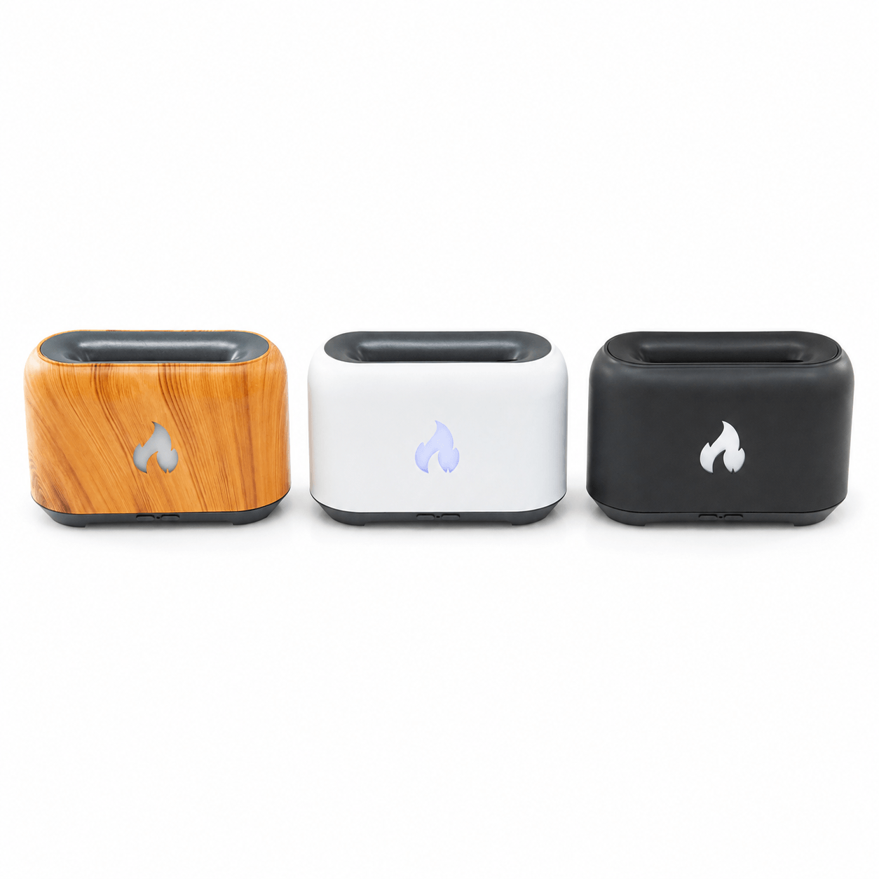 Black flame aroma diffuser front view on a white background.