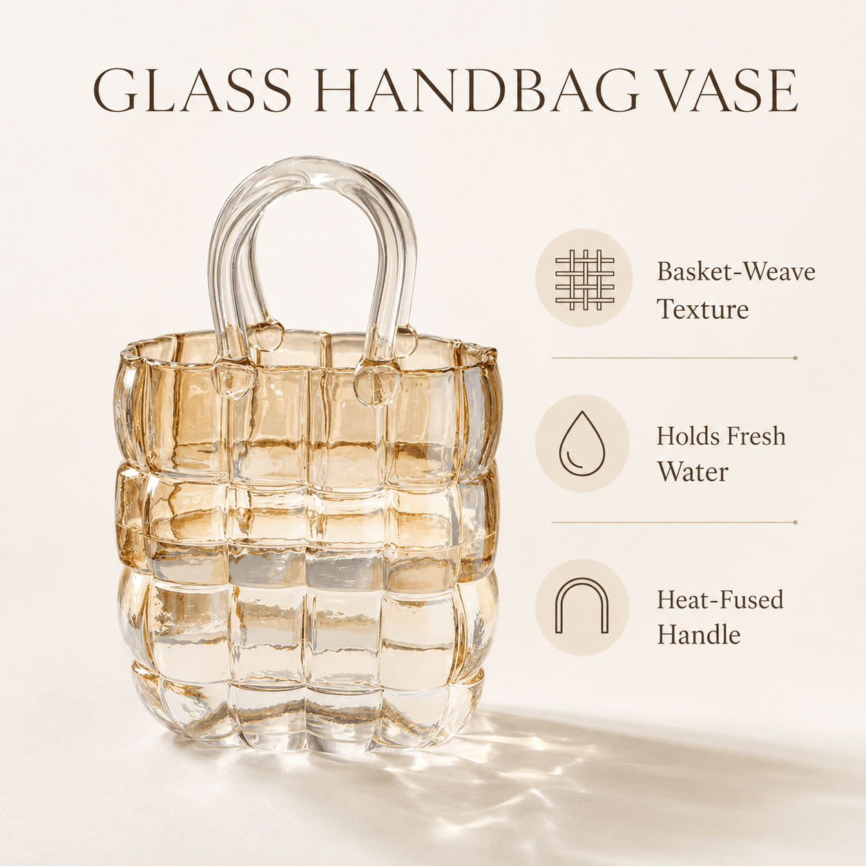 Glass handbag vase with basket-weave texture, water use and heat-fused handle features