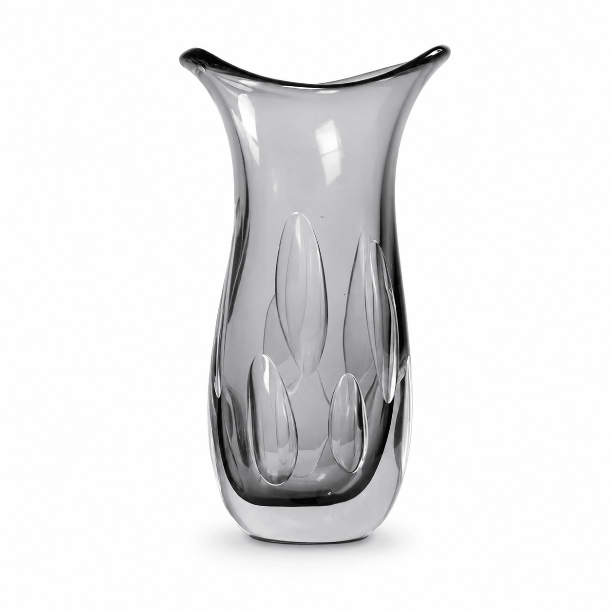 Smoke gray sculptural art glass vase on a white background with inner petal details