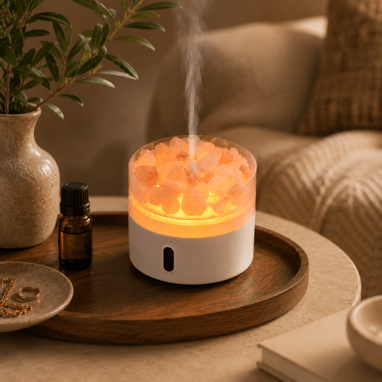 Salt stone aroma diffuser with warm mist beside an essential oil bottle.