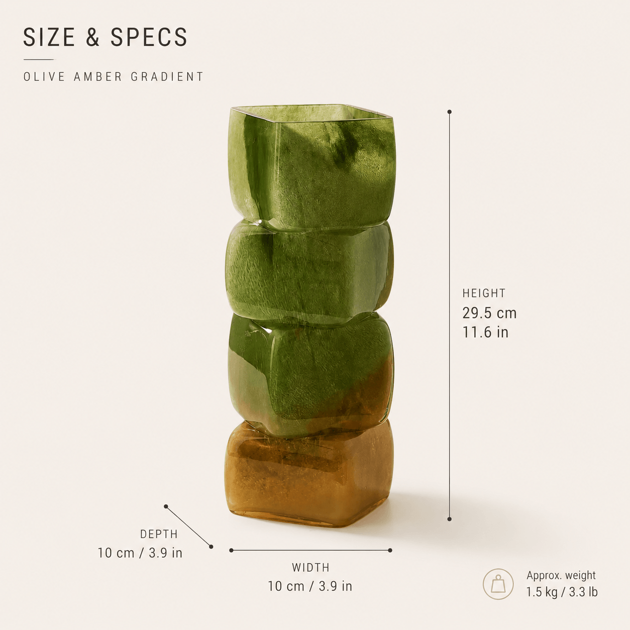 Sculptural glass vase size guide showing 11.6 inch height, 3.9 inch width, and approximate 3.3 pound weight.